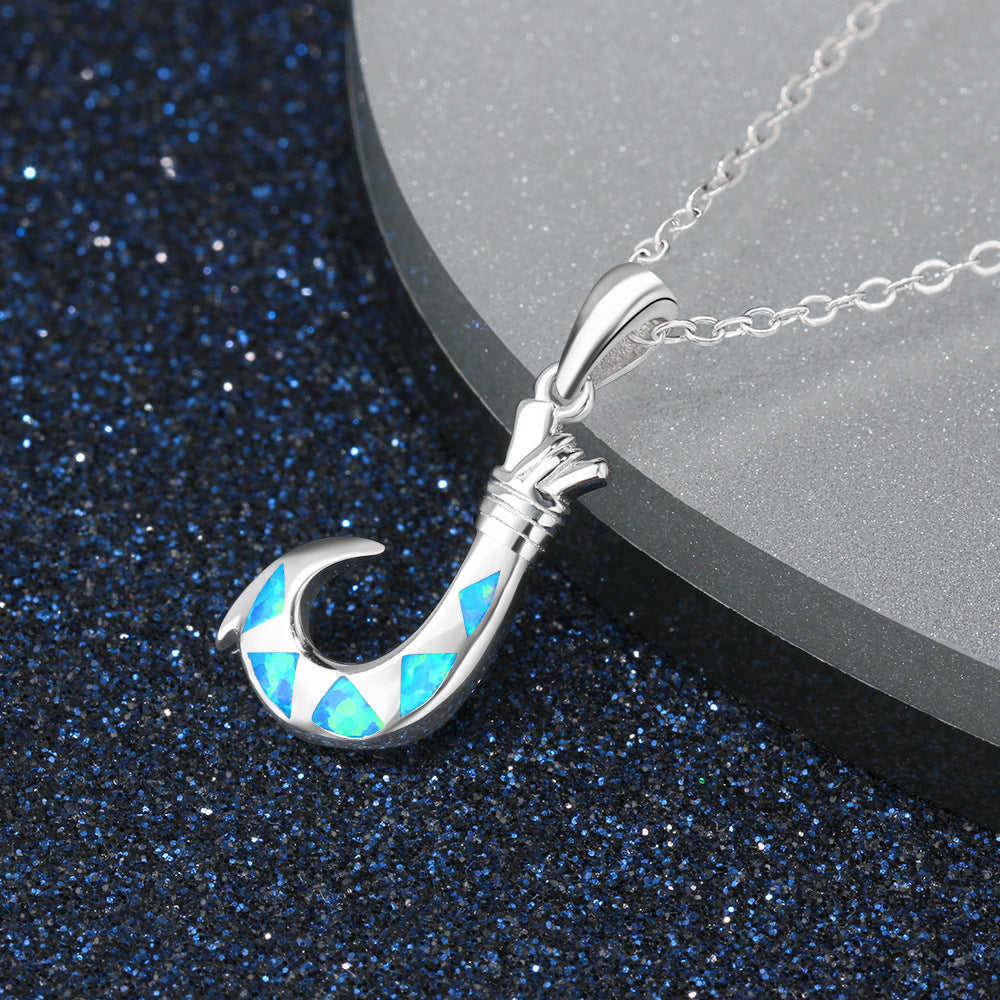 Blue Opal Fish Hook Sterling Silver Necklace