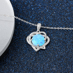 Round Blue Opal Double Heart Shape Zircon Sterling Silver Necklace