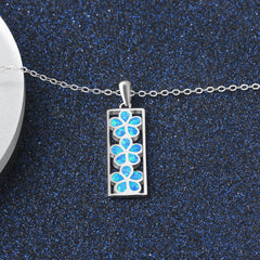 Three Blue Opal Flower Rectangle Pendant Sterling Silver Necklace