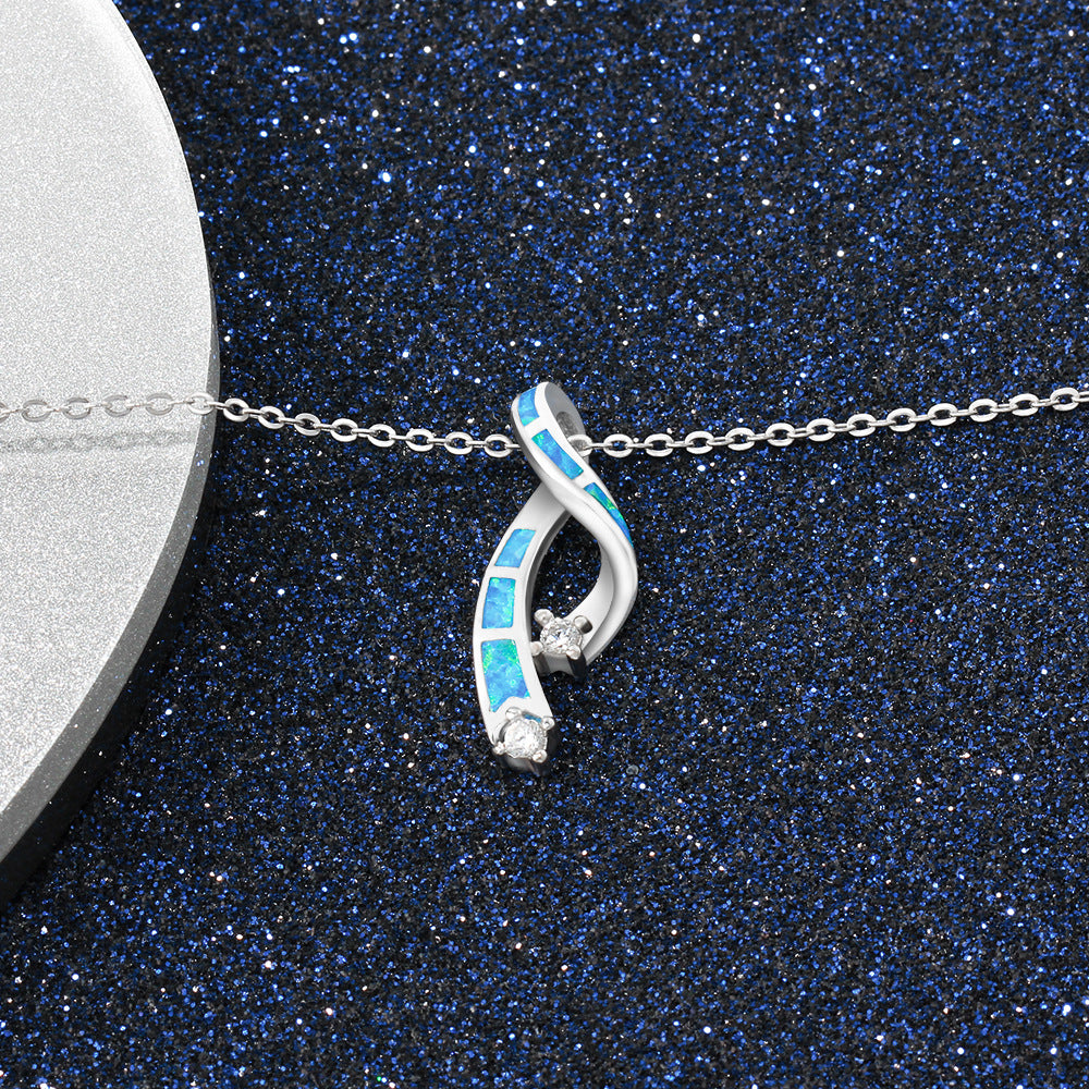 Ribbon Design Blue Opal Zircon Sterling Silver Necklace