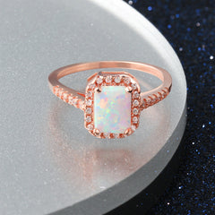 Rectangle Opal Zircon Soleste Halo Rose Gold Sterling Silver Ring