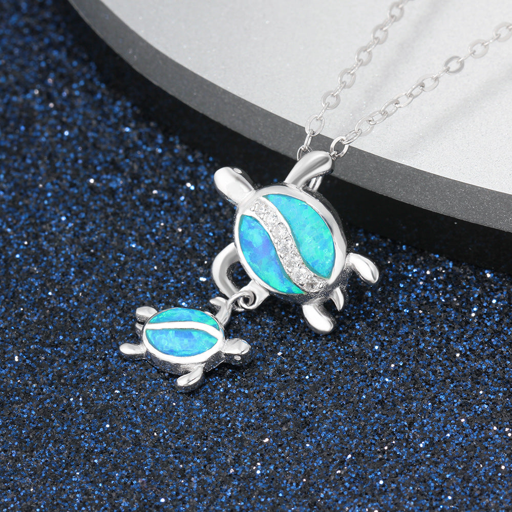 Blue Opal Parent-child Little Turtle Zircon Sterling Silver Necklace