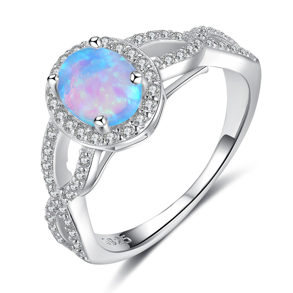 Oval Opal Soleste Halo Zircon Wave Split Shank Sterling Silver Ring