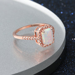 Rectangle Opal Zircon Soleste Halo Rose Gold Sterling Silver Ring