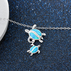 Blue Opal Parent-child Little Turtle Zircon Sterling Silver Necklace