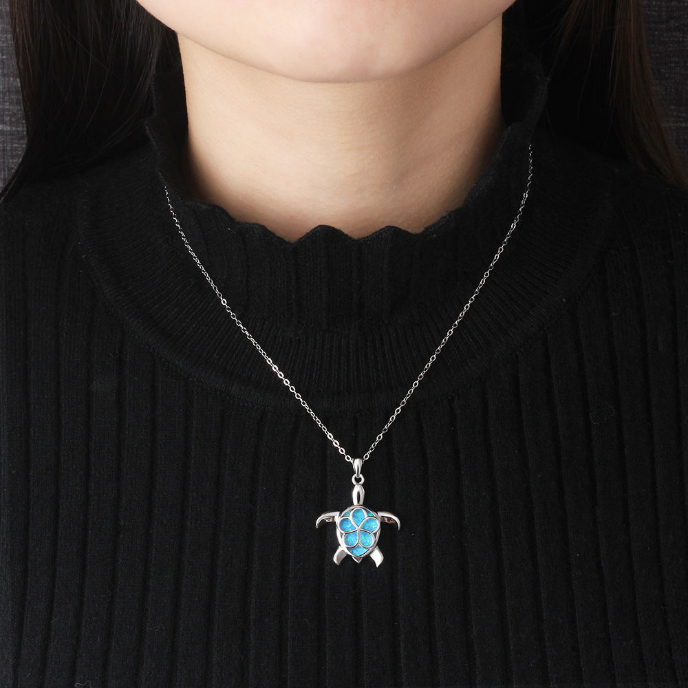 Blue Opal Cute Turtle Sterling Silver Necklace