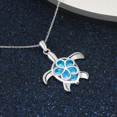 Blue Opal Cute Turtle Sterling Silver Necklace