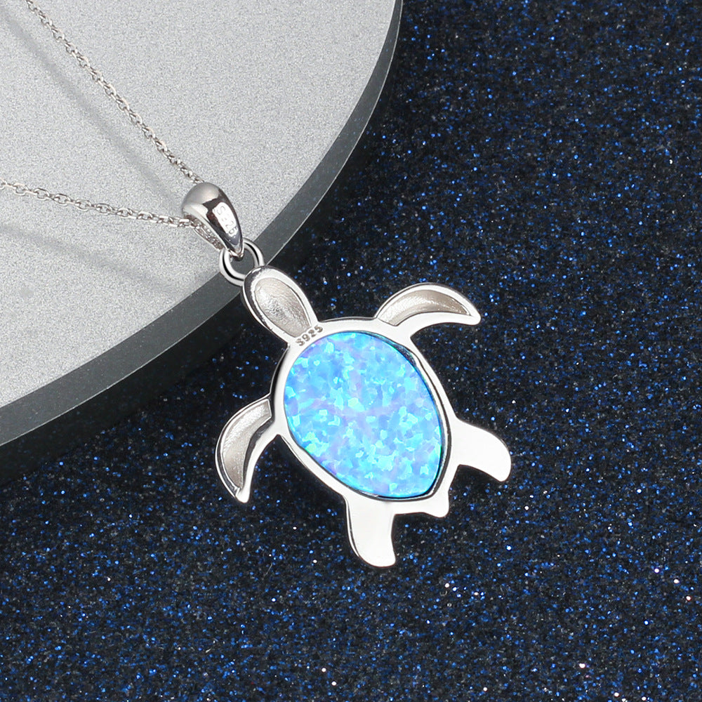 Blue Opal Cute Turtle Sterling Silver Necklace