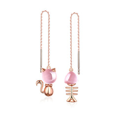 Pink Crystal Kitten and Fishbone Asymmetric Silver Ear Line Earrings