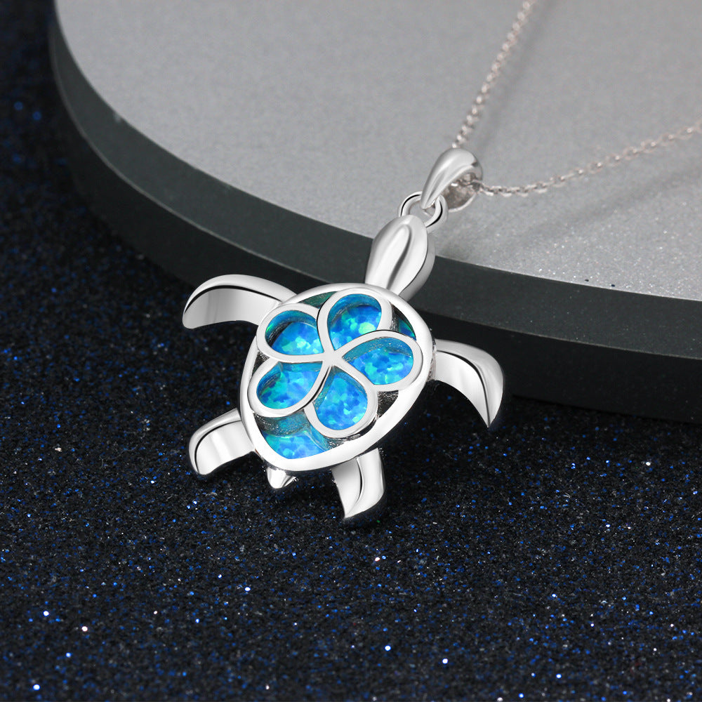 Blue Opal Cute Turtle Sterling Silver Necklace