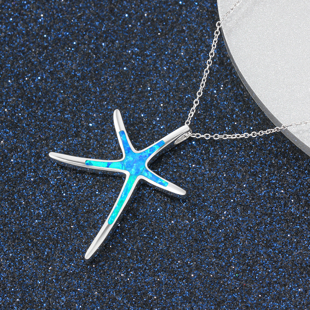 Blue Opal Starfish Pendant Sterling Silver Necklace