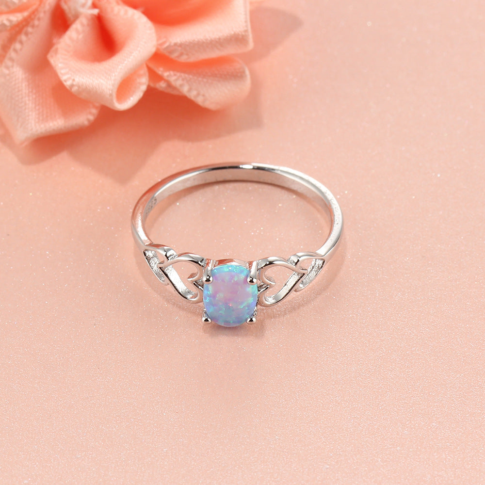 Oval Opal Hollow Heart Shape Sterling Silver Ring