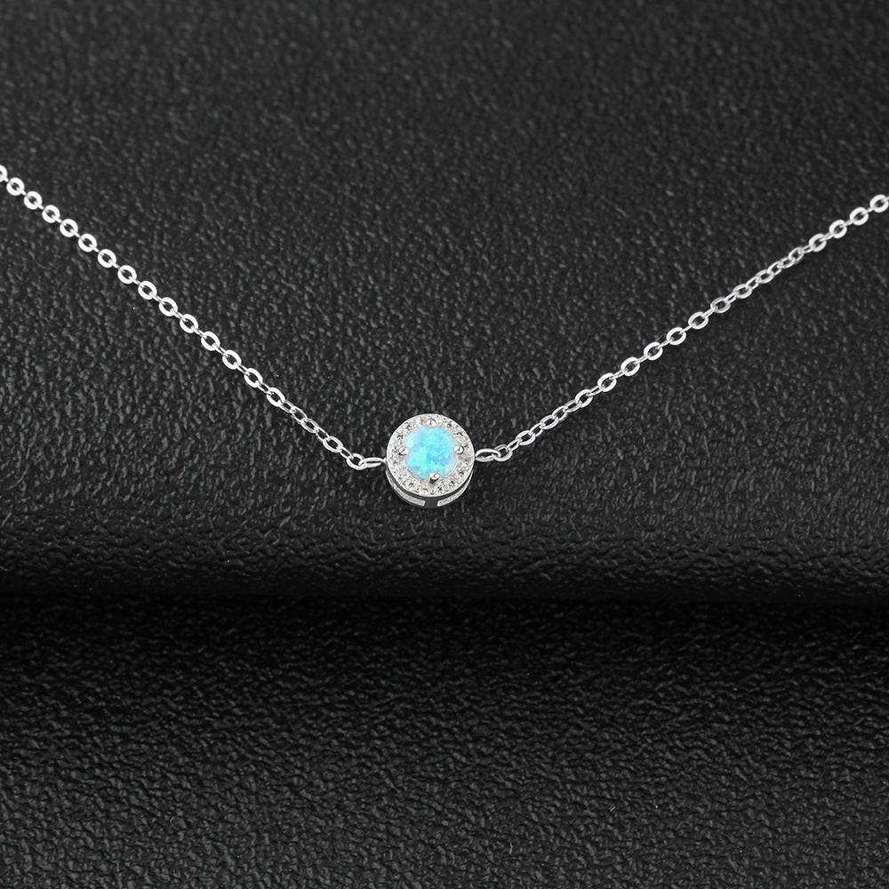 Blue Round Opal Zircon Soleste Halo Sterling Silver Bracelet