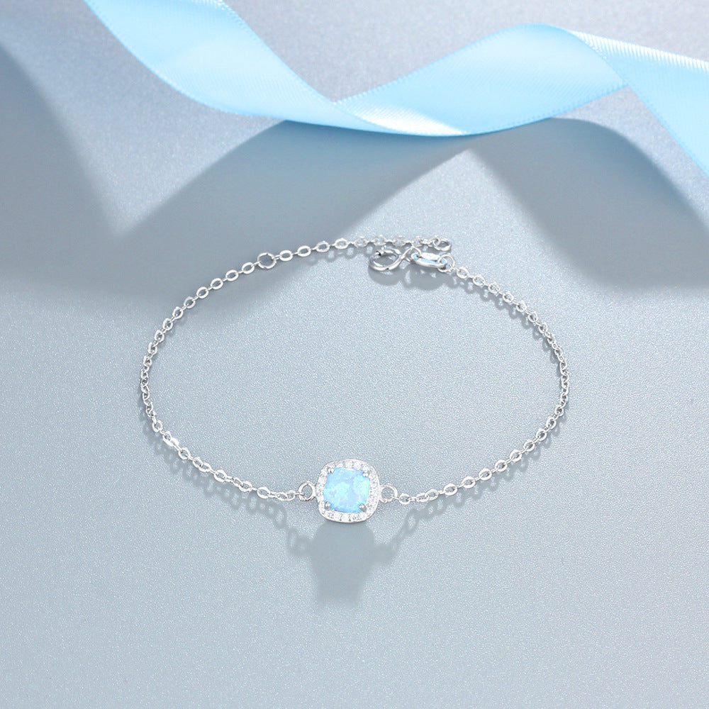 Square Blue Opal Zircon Soleste Halo Sterling Silver Bracelet