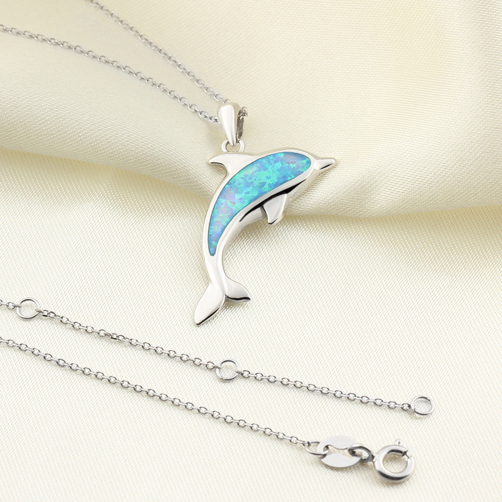 Blue Opal Dolphin Sterling Silver Necklace