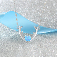 Round Blue Opal Elk Horn Sterling Silver Necklace