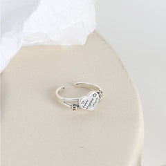 Retro Carved Letter Heart Shape Opening Sterling Silver Ring