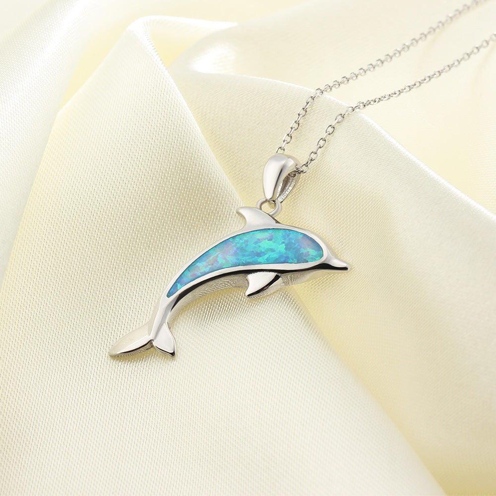 Blue Opal Dolphin Sterling Silver Necklace