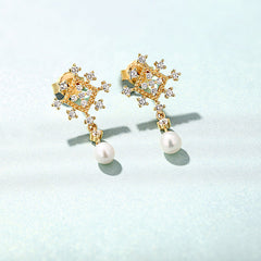 Retro Palace Style Pearl Snowflake Zircon Sterling Silver Drop Earrings