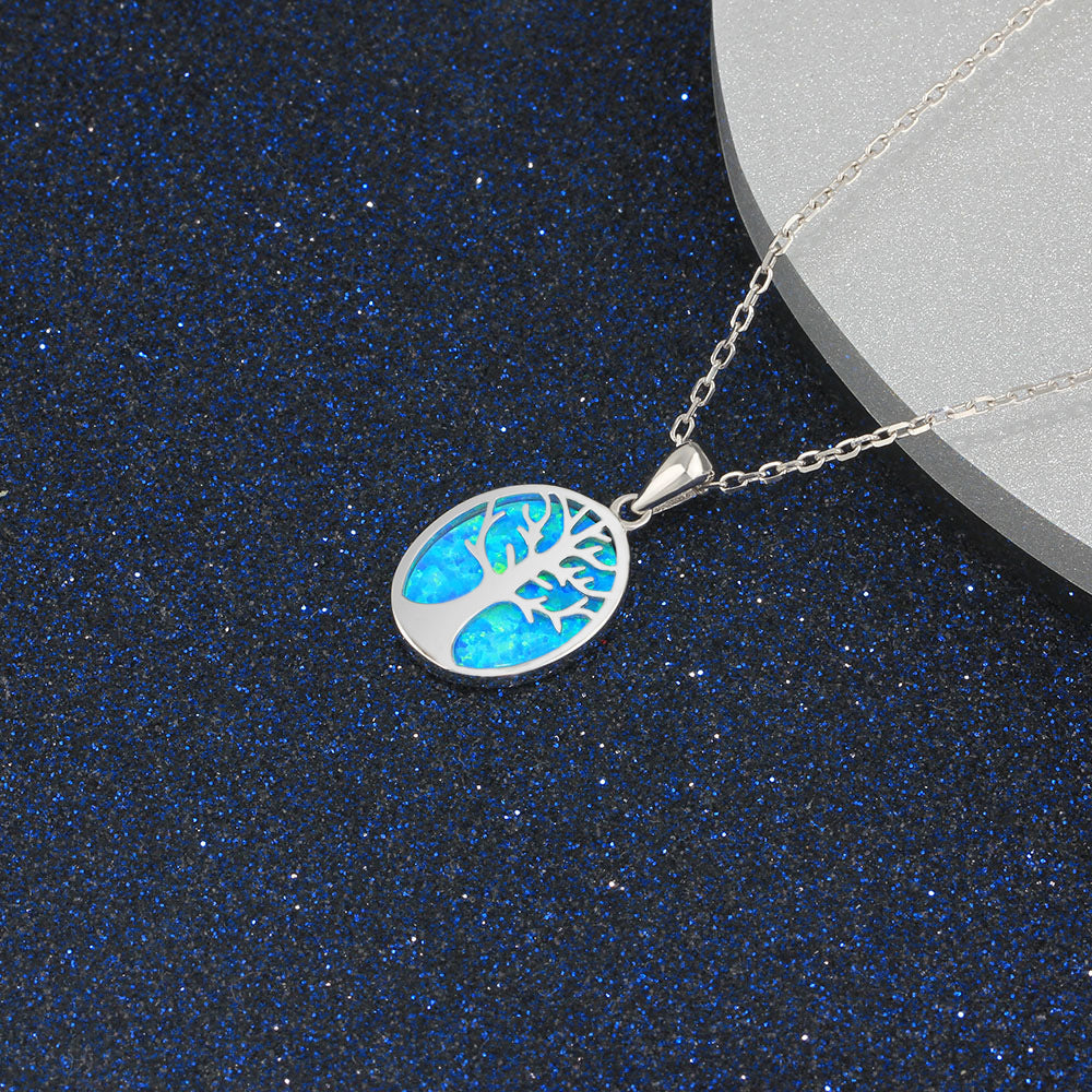 Life Tree Blue Opal Oval Sterling Silver Necklace