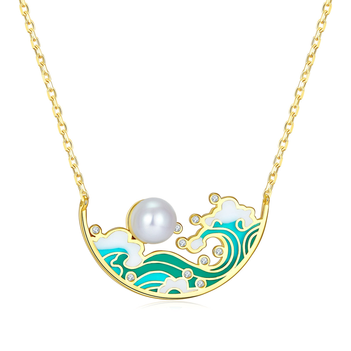 Enamel Tide Pearl Semicircle Necklace