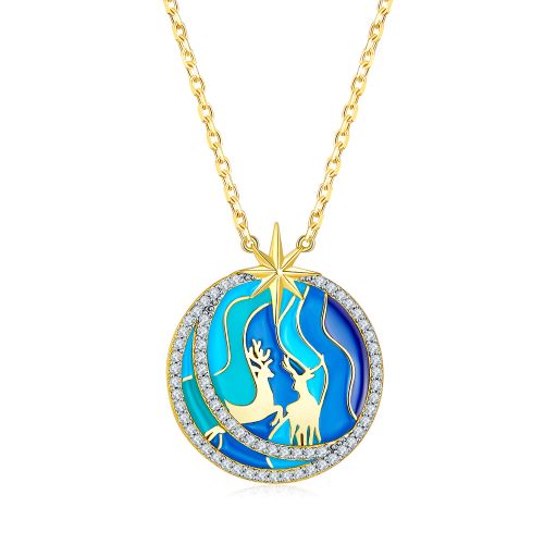 Circle Moonnight Deer Blue Enamel Necklace