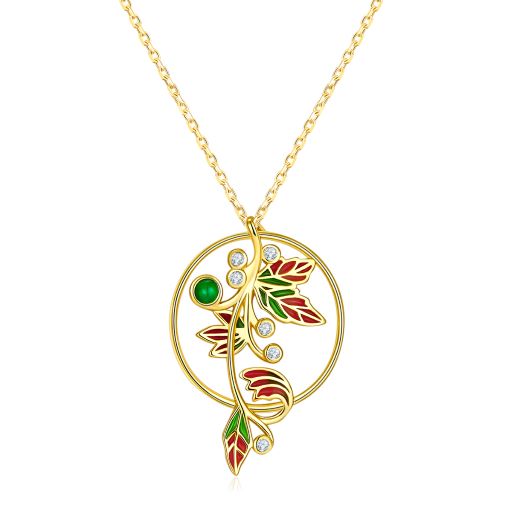 Enamel Golden Leaf with Emerald Necklace