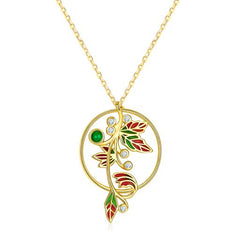 Enamel Golden Leaf with Emerald Necklace