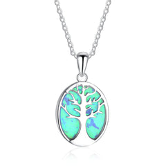 Life Tree Blue Opal Oval Sterling Silver Necklace