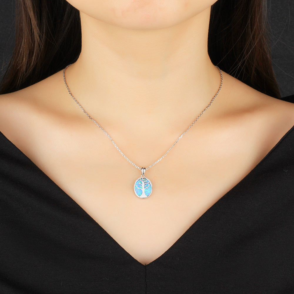 Life Tree Blue Opal Oval Sterling Silver Necklace