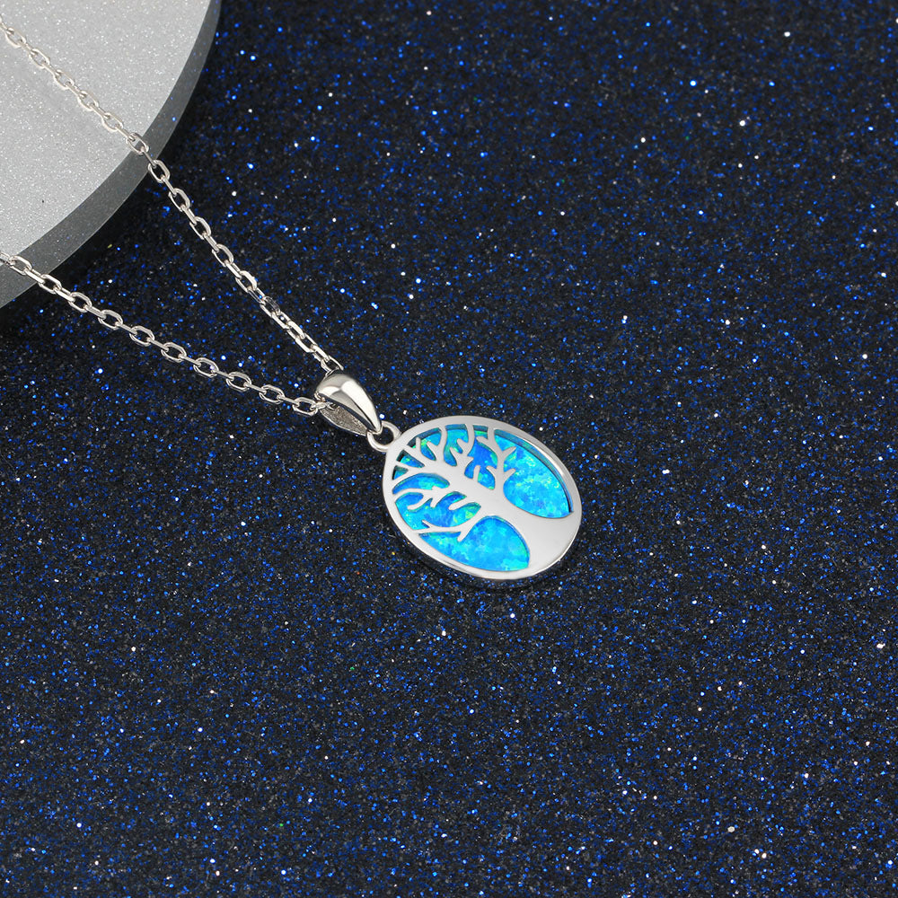 Life Tree Blue Opal Oval Sterling Silver Necklace