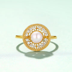 Zircon Disc Round Natural Freshwater Pearl Golden Opening Sterling Silver Ring