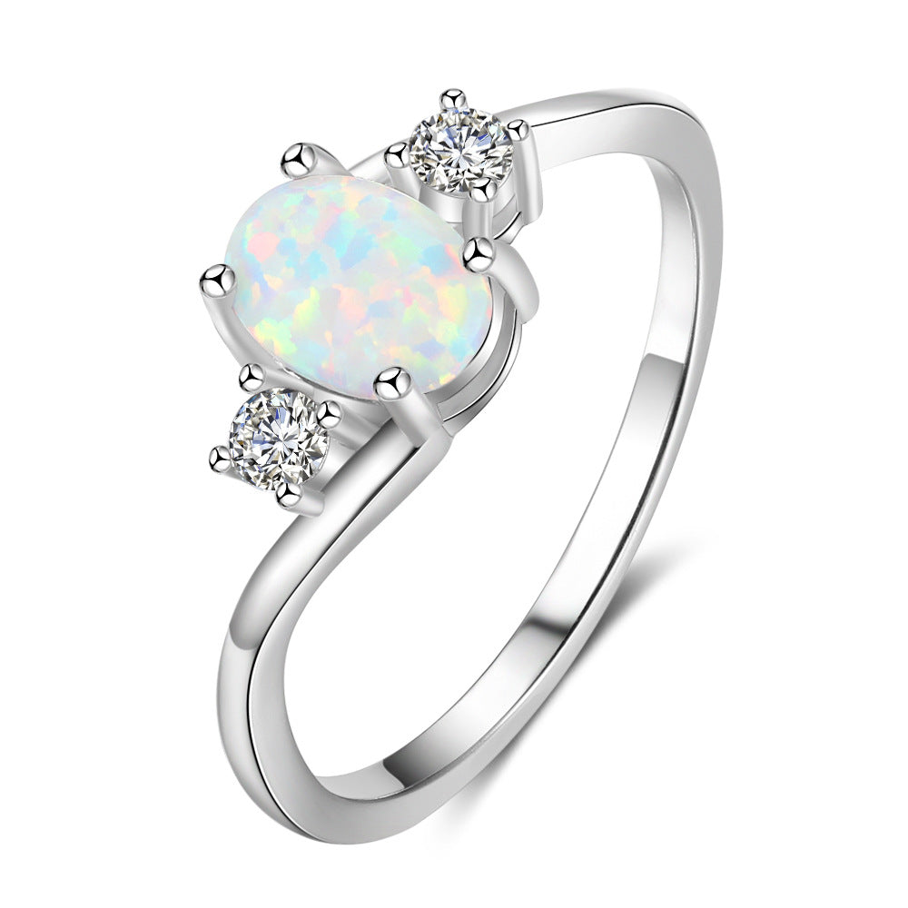 Oval Opal with Two Small Zircon Embrace Arm Sterling Silver Ring