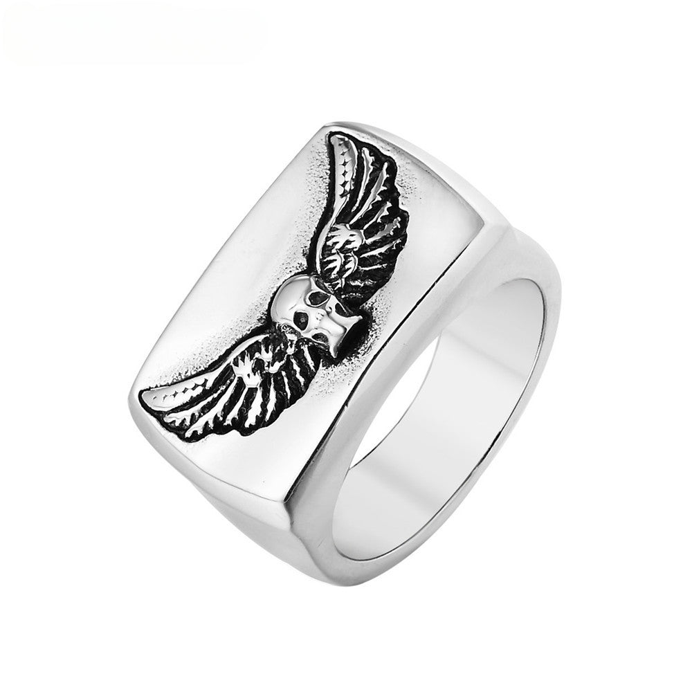 Halloween Skull Wings Rectangle Titanium Steel Ring for Men