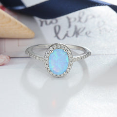 Cathedral Oval Blue Opal Zircon Soleste Halo Sterling Silver Ring