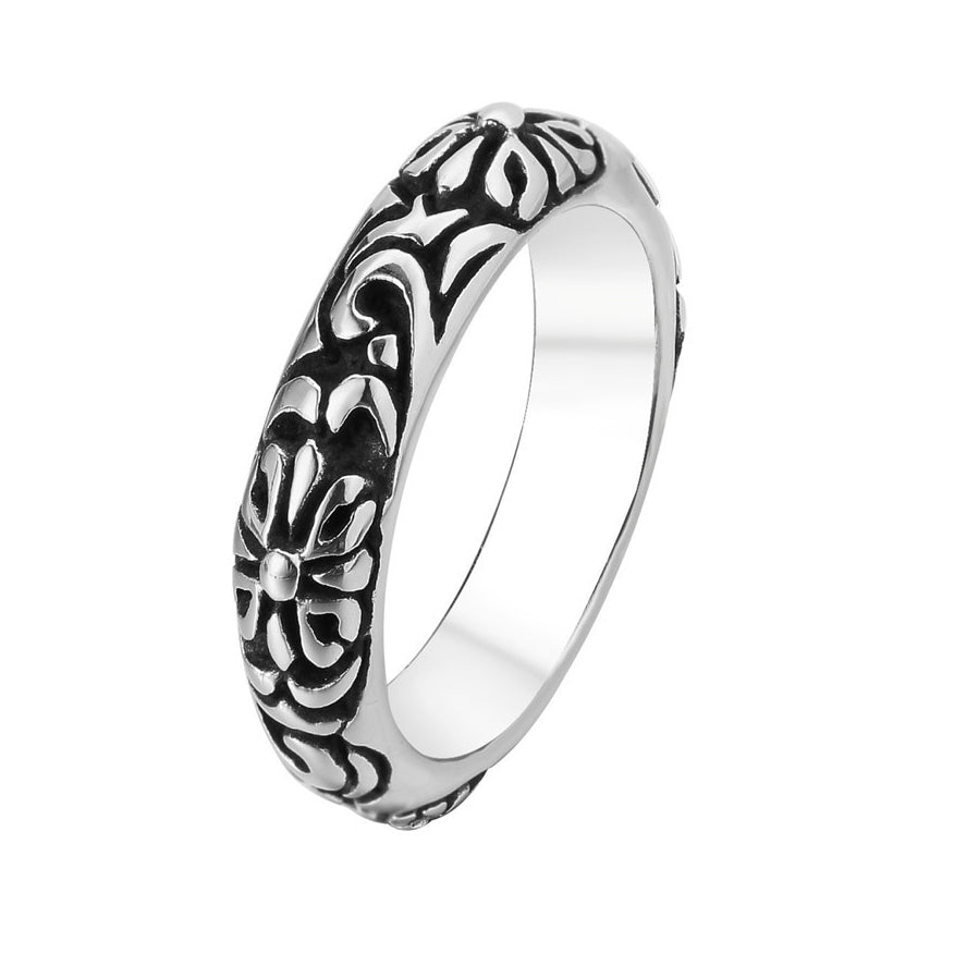 Carved Croix Flower Pattern Titanium Steel Ring for Men