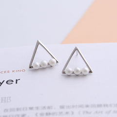Hollow Triangle with Freshwater Pearl Silver Stud Earrings for Women