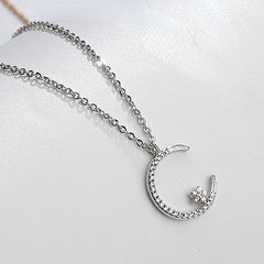 Zircon Crescent Moon with Little Star Silver Necklace for Women