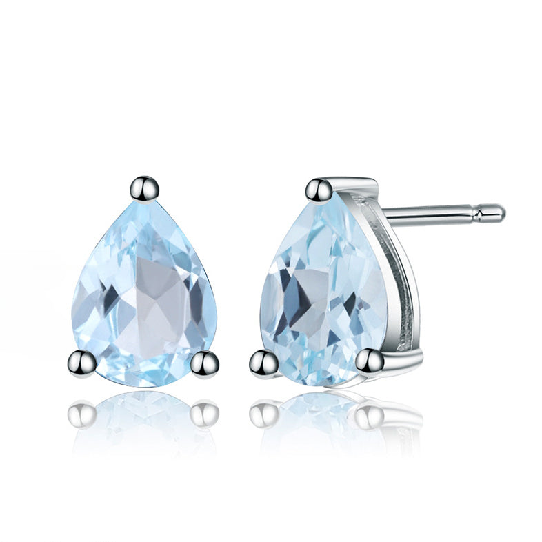 Solitaire Pear Shape Natural Gemstone Silver Stud Earrings