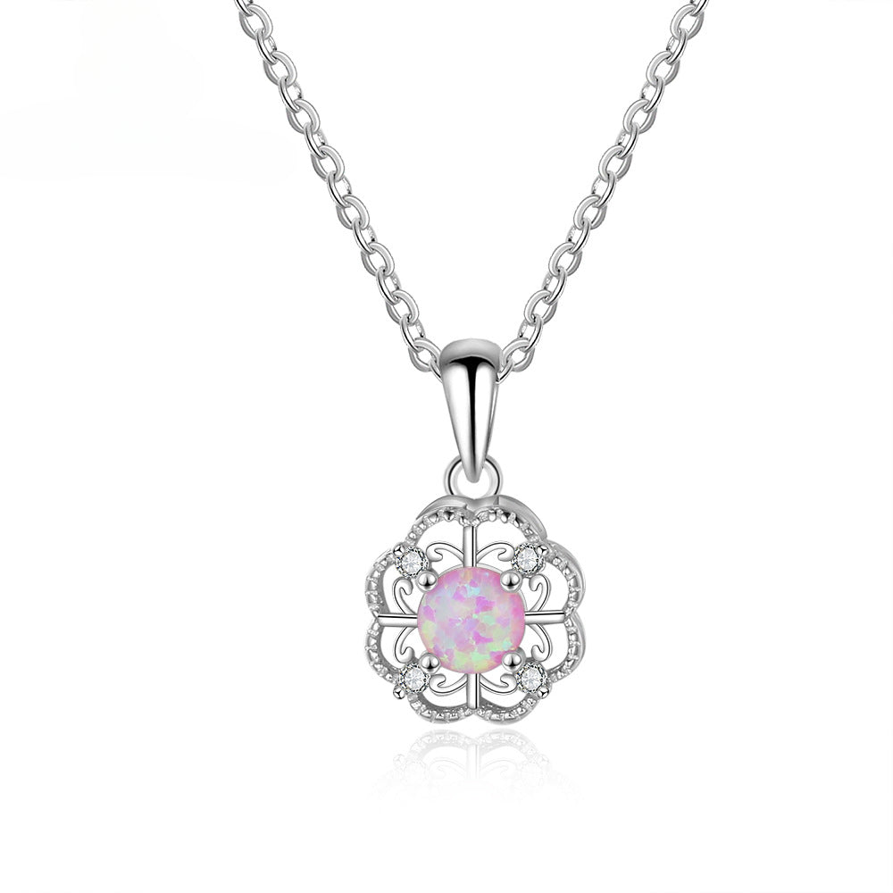 Pink Round Opal Four Leaf Clover Zircon Sterling Silver Necklace