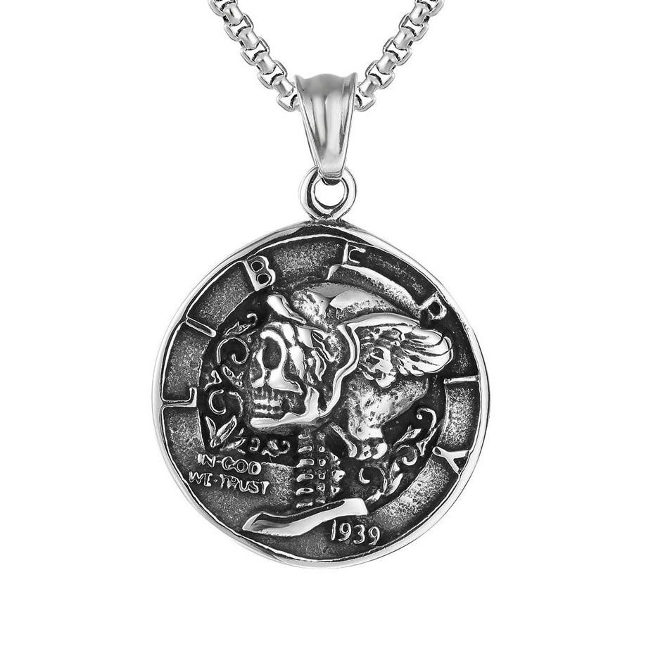 Halloween Skull 1939 Round Pendant Titanium Steel Necklace for Men