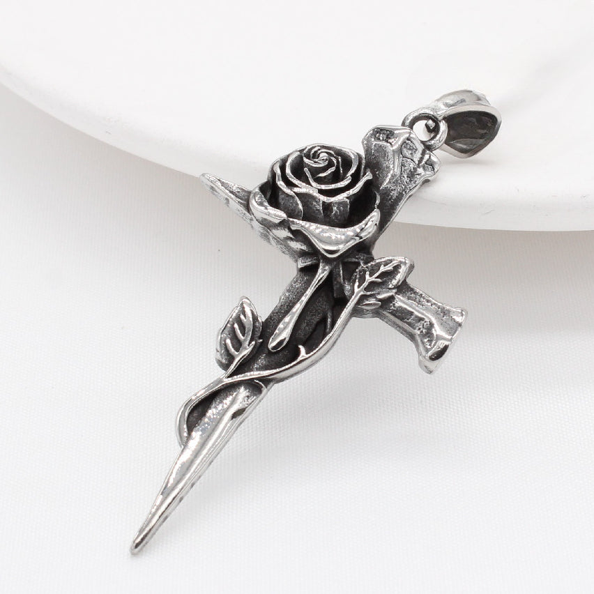 Rose Cross Sword Titanium Steel Pendant for Men