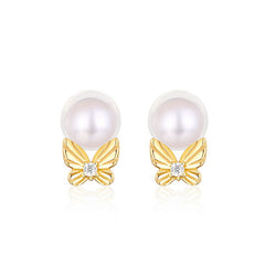 Round Freshwater Pearl Butterfly Zircon Sterling Silver Stud Earrings