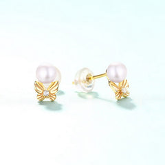 Round Freshwater Pearl Butterfly Zircon Sterling Silver Stud Earrings