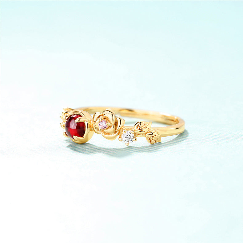 Round Red Garnet Rose Zircon Opeing Sterling Silver Ring