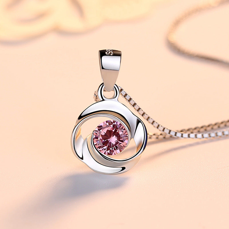 (Pendant only) Rose Design with Round Zircon Silver Pendant for Women