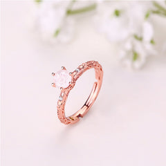 Six Prongs Round Shape Pink Crystal Opening Silver Ring