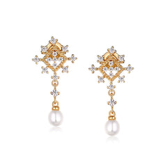 Retro Palace Style Pearl Snowflake Zircon Sterling Silver Drop Earrings