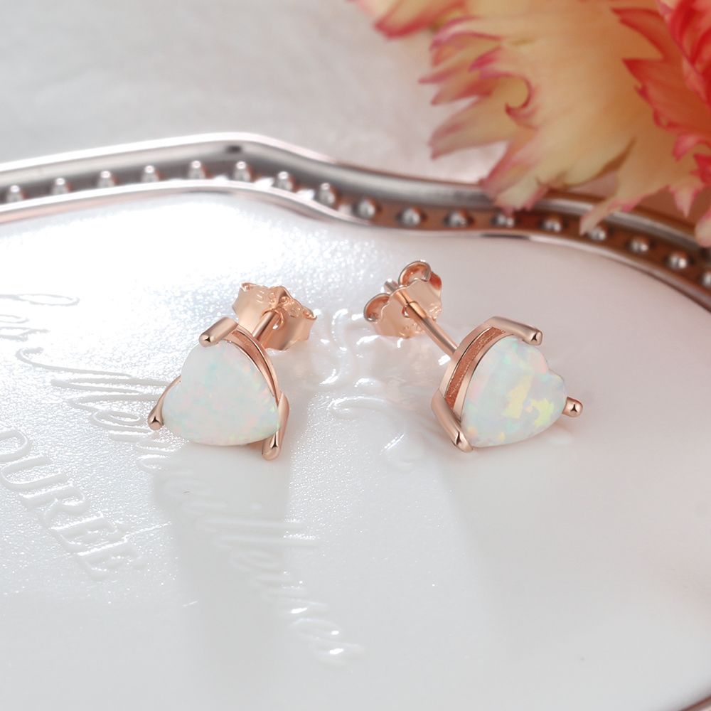 Heart Shape Opal Rose Gold Sterling Silver Stud Earrings