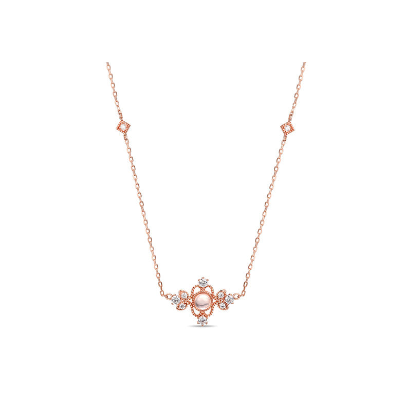 Palace Style Round Shape Pink Crystal Silver Necklace